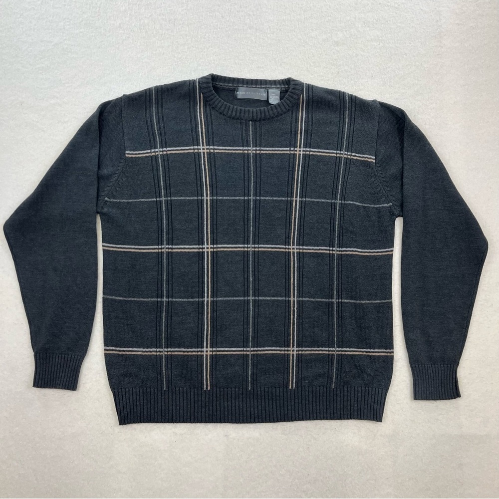 Oscar De La Renta Gray Plaid Front Crew Pullover Sweater Cotton Blend Size XXL